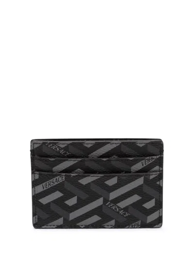 Pre-owned Versace 2010-2026 La Greca Coated Canvas Card Holder In Black