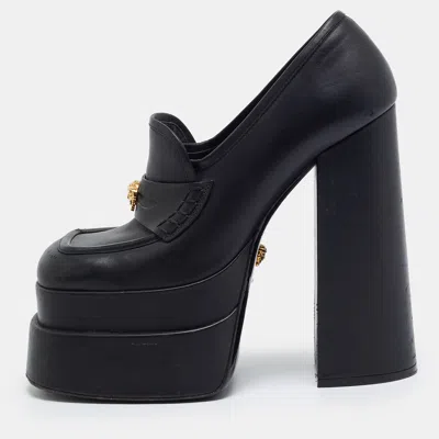 Pre-owned Versace Aevitas Size 38 Black Leather Platform Loafer Pumps