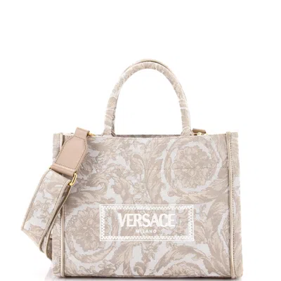 Versace Athena Convertible Tote Barocco Jacquard Small In Beige