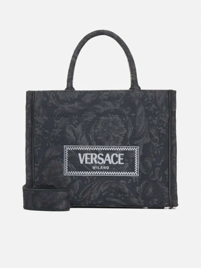 Versace Barocco Canvas Small Tote Bag In Black