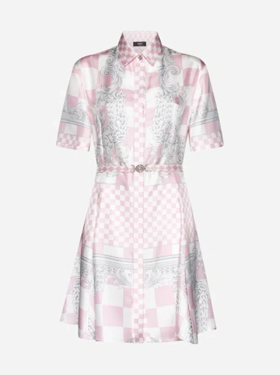 Versace Barocco Damier Print Silk Dress In Pastel Pink,white,silver