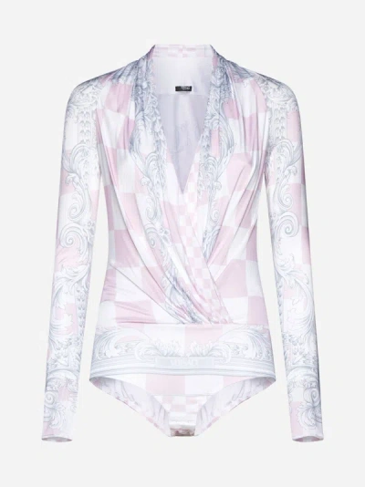 Versace Barocco Damier Print Viscose Bodysuit In Pastel Pink,white,silver
