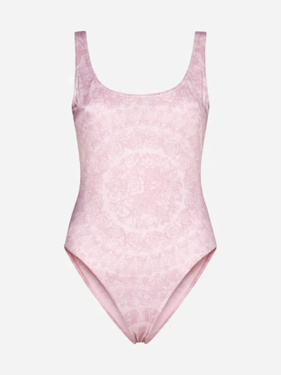 Versace Barocco Print High-cut Swimsuit In Pale Pink