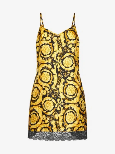 Versace Barocco Print Silk Slip In Black,gold