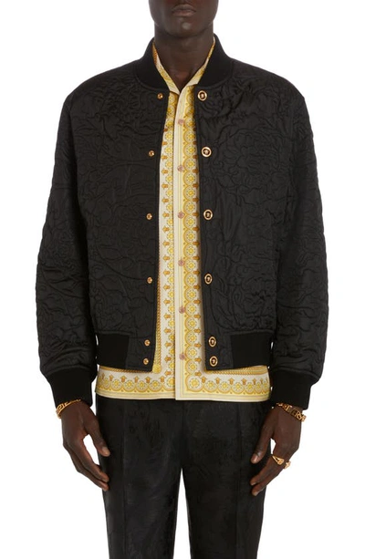 Versace Barocco Quilted Nylon Bomber Jacket In Black
