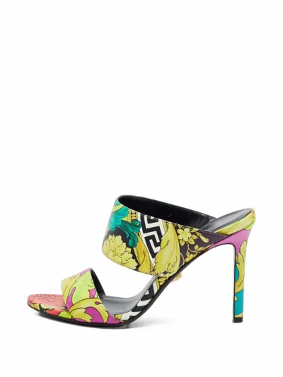 Pre-owned Versace Baroque-print Medusa Slide Heeled Sandals In Yellow