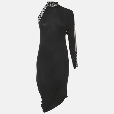 Pre-owned Versace Black Logo Band Jersey One Shoulder Midi Dress S