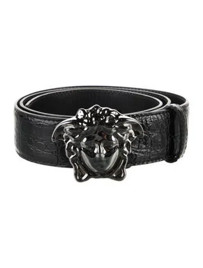 Pre-owned Versace Embossed Leather Waist Belt In Black