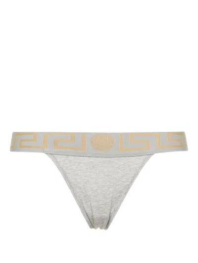 Versace Greca-waistband Jersey Thong In Grey