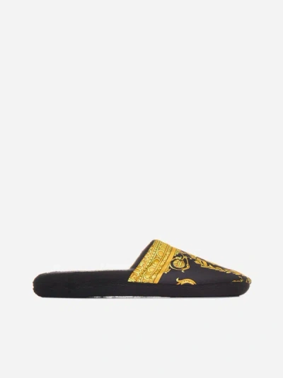 Versace Home I Love Baroque Cotton Slippers In Black,gold