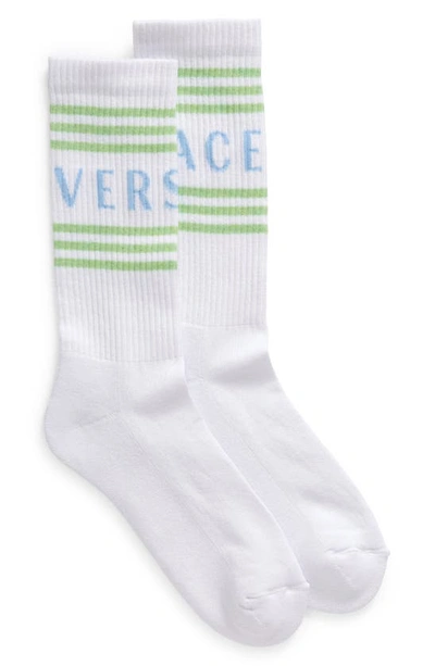 Versace Jacquard Logo Cotton Blend Crew Socks In Bianco Mint Pastel Blue