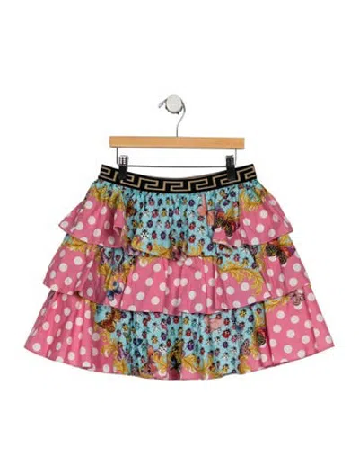 Pre-owned Versace Kids Girls Polka Dot Print Ruffled Skirt  W/tags In Blue/pink