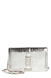 Versace La Greca Croc Embossed Metallic Leather Wallet On A Chain In Silver/palladium