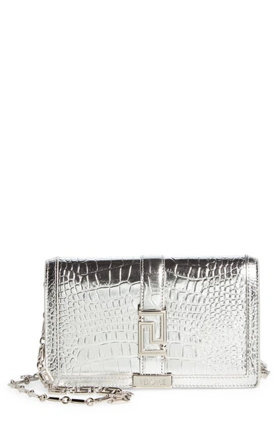 Versace La Greca Croc Embossed Metallic Leather Wallet On A Chain In Silver/palladium