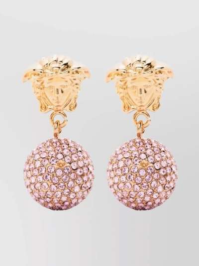Versace La Medusa Circular Pendant Drop Earrings Embellished Crystals In Gold