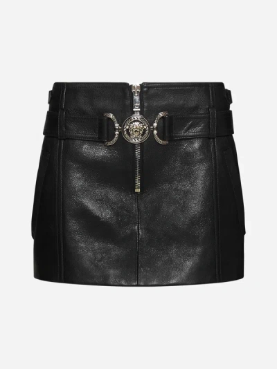Versace Leather Belted Mini Skirt W/ Logo In Black
