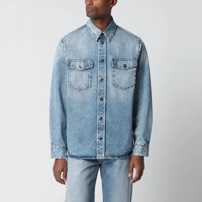 Versace Light Blue Stone-washed Denim Shirt With Studs