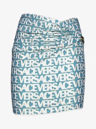Versace Logo Print Sarong Miniskirt In Turquoise
