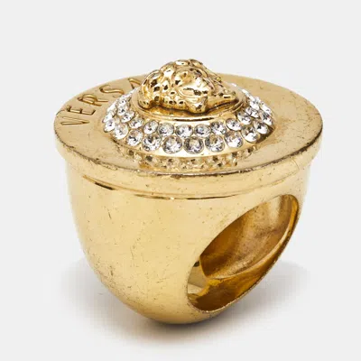 Pre-owned Versace Medusa Crystals Gold Tone Ring Sie 56