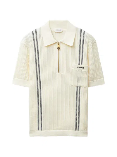 Versace Medusa Logo Short Sleeve Half-zip Shirt - Size 48 In Bianco