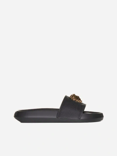 Versace Medusa-plaque Rubber Slides In Black,gold