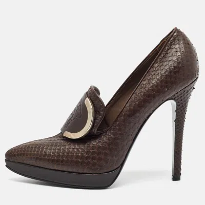 Pre-owned Versace Medusa Size 41 Brown Water Snakeskin Leather Platform Pointed Toe Pumps