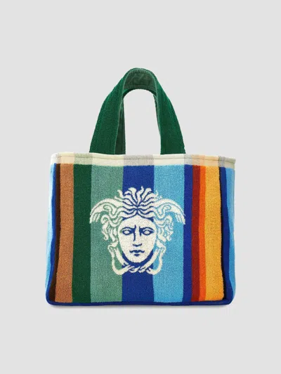 Versace Men's Striped Jacquard Medusa Tote Bag In Blue