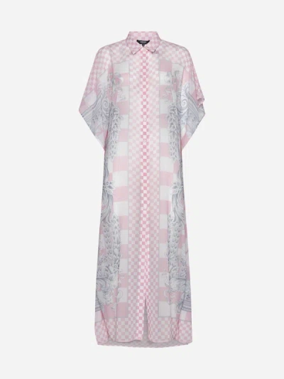 Versace Print Swim Robe Kaftan In Pink,white,silver