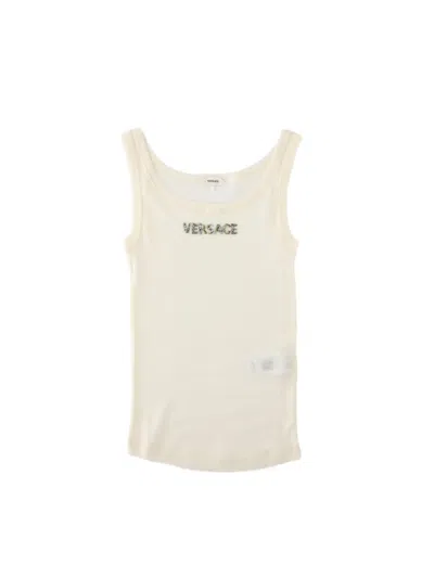 Versace Scoop Neck Tank Top With Crystal Logo Detail In Neutral