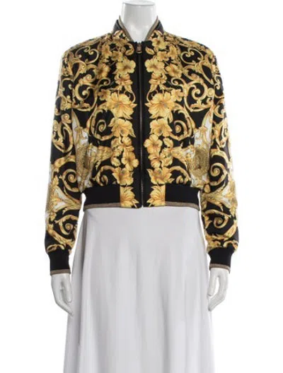 Pre-owned Versace Silk Floral Print Bomber Jacket W/ Tags In Black