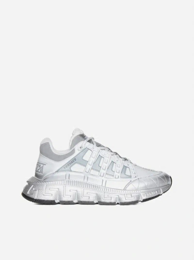 Versace Trigreca Leather And Mesh Trainers In White,silver