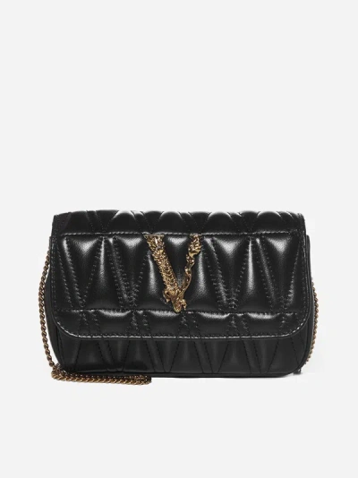 Versace Virtus Quilted Nappa Leather Shoulder Bag In Black,gold