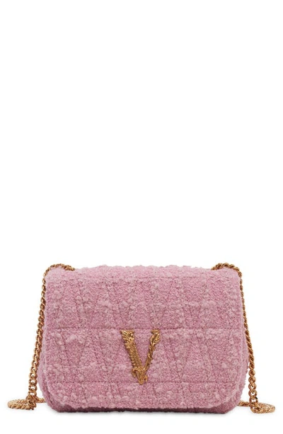 Versace Virtus Quilted Virgin Wool & Mohair Blend Tweed Shoulder Bag In Pale Pink/  Gold