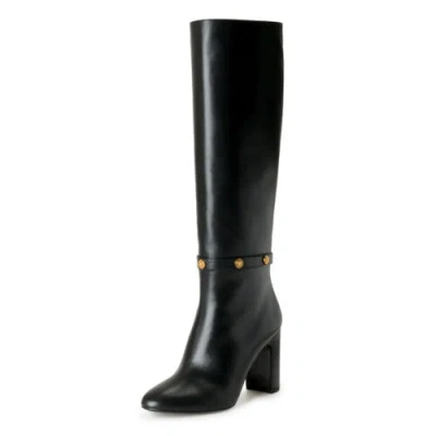 Pre-owned Versace Women's Black Leather Gold Medusa High Heel Boots Shoes In Gold/black