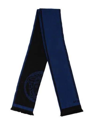 Pre-owned Versace Wool Graphic Print Scarf In Black/blue