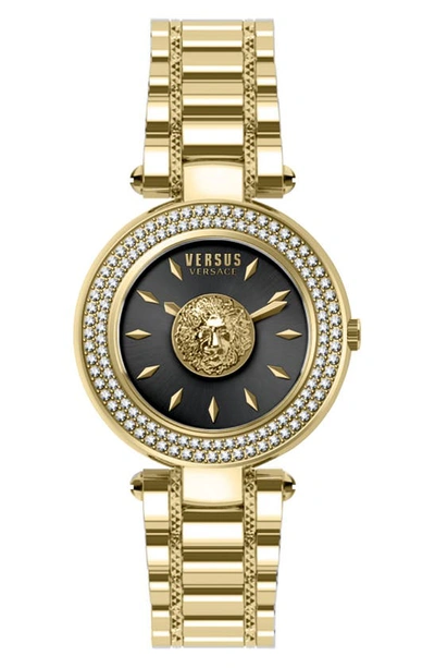 Versus Women's 2 Hand Quartz Brick Lane Lion Crystal Gold-tone Stainless Steel Bracelet Watch 36mm In Black/gold