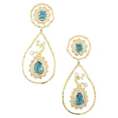 Pre-owned Victor Velyan 18k Yellow Gold And Silver Blue Zircon Diamond Earrings