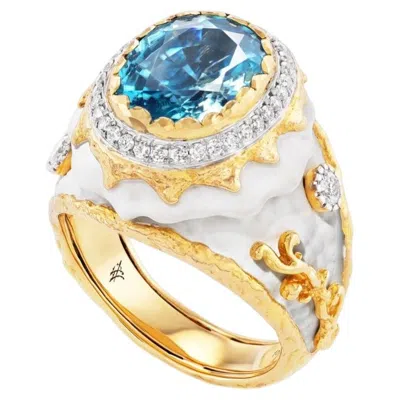 Pre-owned Victor Velyan 18k Yellow Gold Blue Zircon And Diamond Ring � Contemporary Design