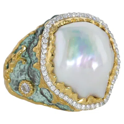 Pre-owned Victor Velyan 24k And 18k Yellow Gold, Silver, Pearl And Diamond Ring With Green