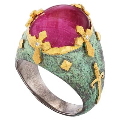Pre-owned Victor Velyan 24k Yellow Gold And Silver Cabochon Ruby And Diamond Ring