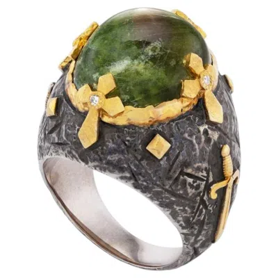 Pre-owned Victor Velyan 24k Yellow Gold And Silver Green Sapphire And Diamond Ring