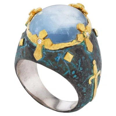 Pre-owned Victor Velyan 24k Yellow Gold And Silver Ring With 27.95-carat Blue Sapphire