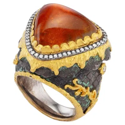 Pre-owned Victor Velyan 24k Yellow Gold And Silver Spessartite Garnet And Diamond Ring