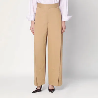 Victoria Beckham Wide Beige Trousers In Cotton