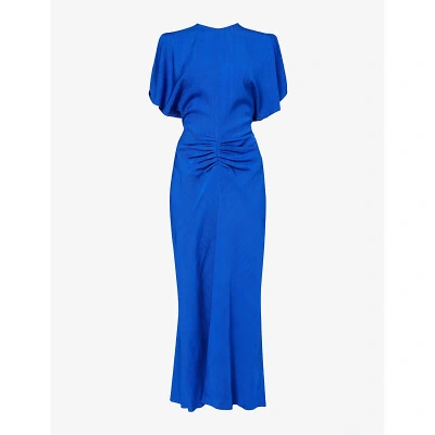 Victoria Beckham Womens Palace Blue Round-neck Ruched Woven Midi Dress
