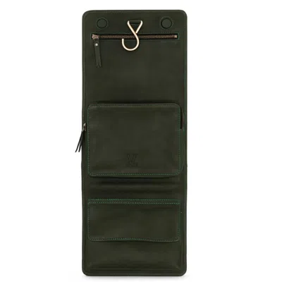 Vida Vida Green Luxury Leather Mens Hanging Wash Bag - Olive