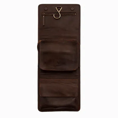 Vida Vida Luxury Leather Mens Hanging Wash Bag - Brown