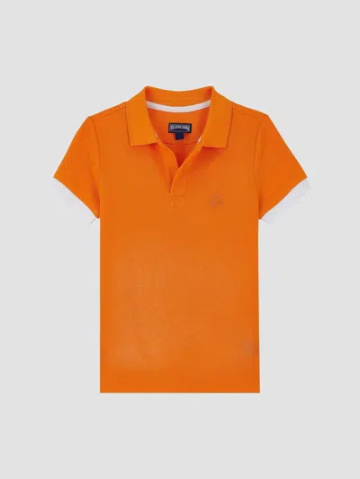 Vilebrequin Kids' Boy's Embroidered Turtle Pique Polo Shirt In Carrot