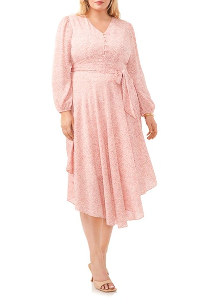 Vince Camuto Floral Long Sleeve Handkerchief Hem Midi Dress In Pink Orchid