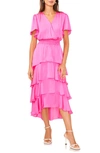 Vince Camuto Flutter Sleeve Tiered Dress In Hot Pink